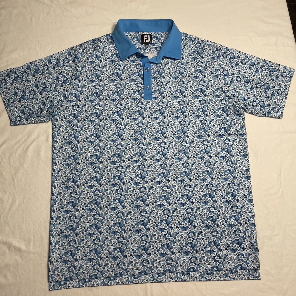 FootJoy Polo Shirt Mens XL Blue Floral All Over Print Golf Performance